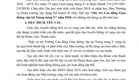 Thông báo về Kế hoạch Hội trại "Sức trẻ Cao đẳng Giao thông vận tải Trung ương V" năm 2018