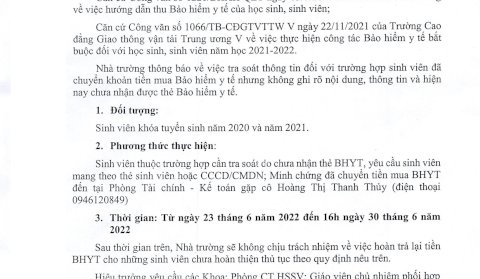 Thông báo về việc rà soát thông tin và trả lại tiền Bảo hiểm y tế cho sinh viên đã có thẻ BHYT năm 2022