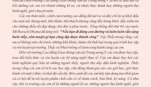 Thư chúc mừng của Hiệu trưởng gửi đến Tân Học sinh - sinh viên khóa tuyển sinh 2018