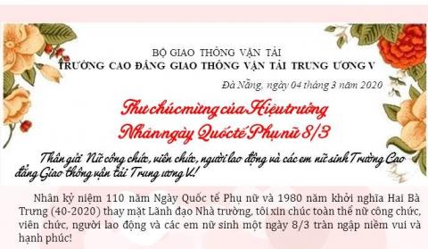 Thư chúc mừng của Hiệu trưởng Trường Cao đẳng GTVT Trung ương V Nhân ngày Quốc tế Phụ nữ 8/3